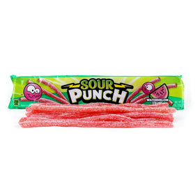 Sour Punch Watermelon Sour Straws sugar-coated close-up emphasizes bold sour-sweet profile.