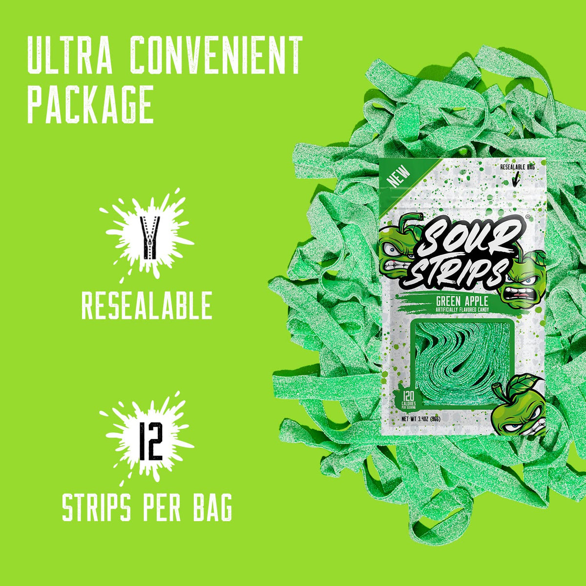 SOUR STRIPS close-up, glossy coating delivering bold apple flavor.