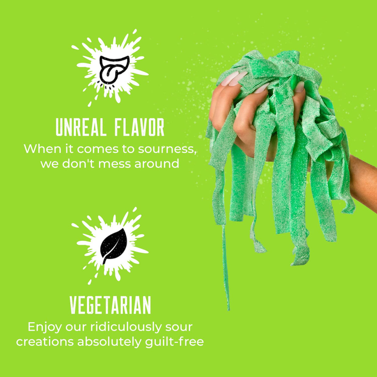 SOUR STRIPS ingredients label highlights vegetarian candy ingredients.