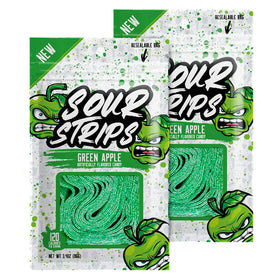 SOUR STRIPS apple-flavored candy strips pack front, tangy on-the-go snack.
