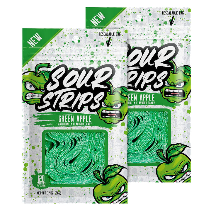 SOUR STRIPS apple-flavored candy strips pack front, tangy on-the-go snack.