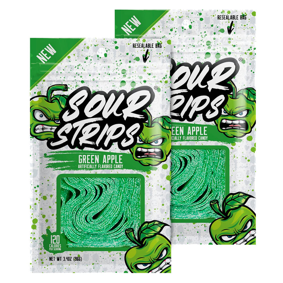 SOUR STRIPS apple-flavored candy strips pack front, tangy on-the-go snack.