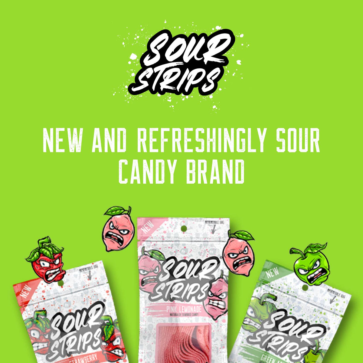 SOUR STRIPS texture close-up shows sugar-coated surface.