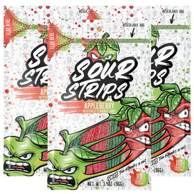Sour Strips Appleberry belts showing bold sour-sweet flavor in a resealable bag.