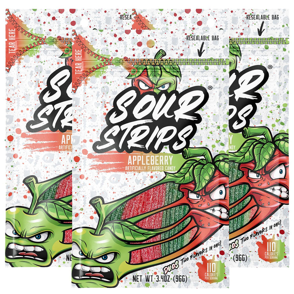 Sour Strips Appleberry belts showing bold sour-sweet flavor in a resealable bag.