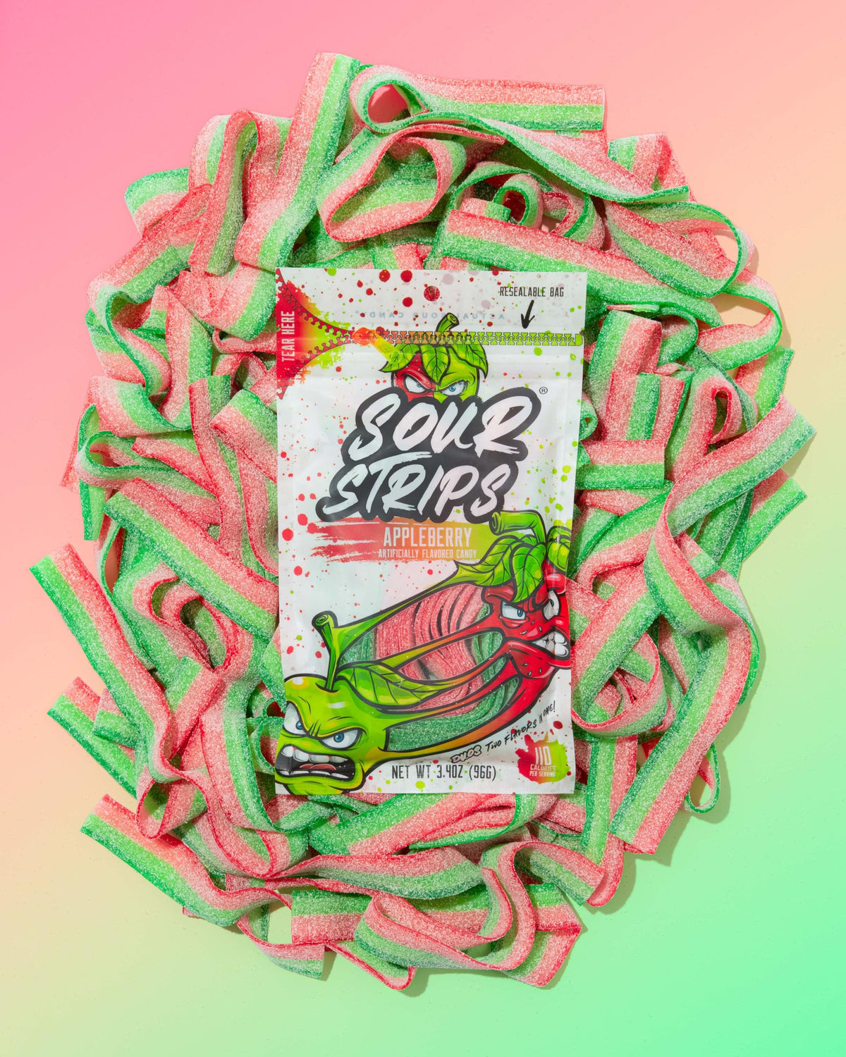 Appleberry Sour Strips snack ready for sharing, with freshness seal.