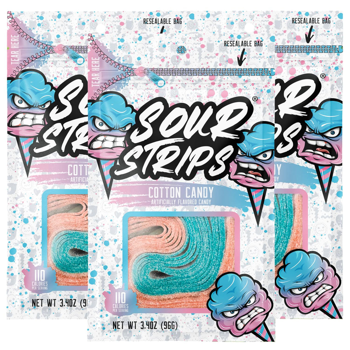 SOUR STRIPS cotton candy sour candy belts in a resealable bag for fresh, on-the-go snacking.