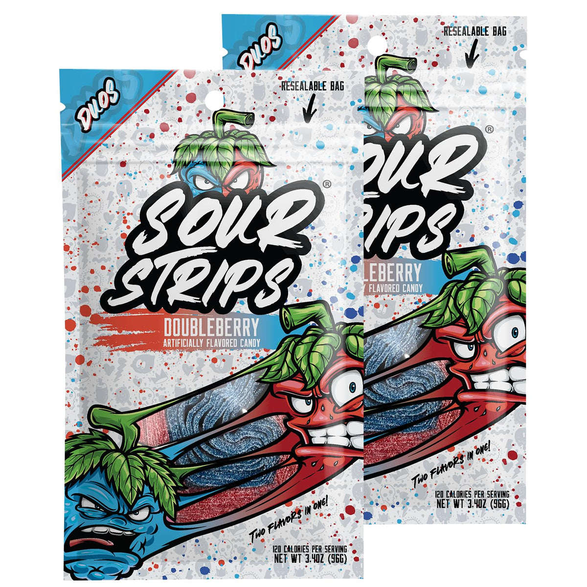 SOUR STRIPS Doubleberry 2-Pack packaging closeup highlighting vivid color and chewy texture