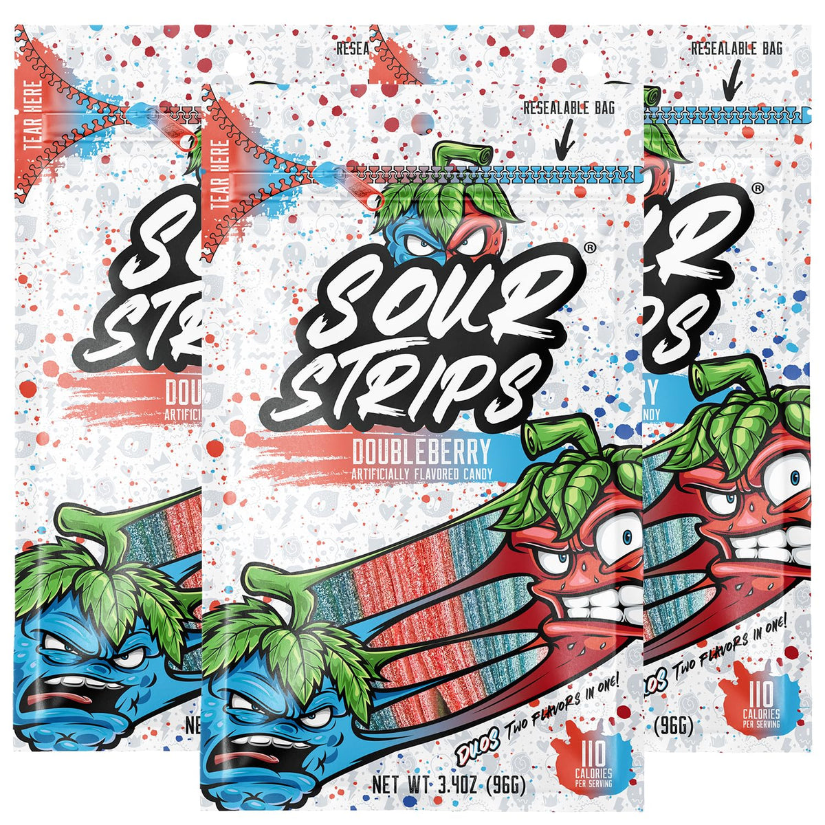 Sour Strips Doubleberry pack closeup showing bold tangy belts for sharing.