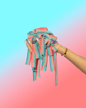 Sour Strips Doubleberry resealable bag highlighting freshness and portability.