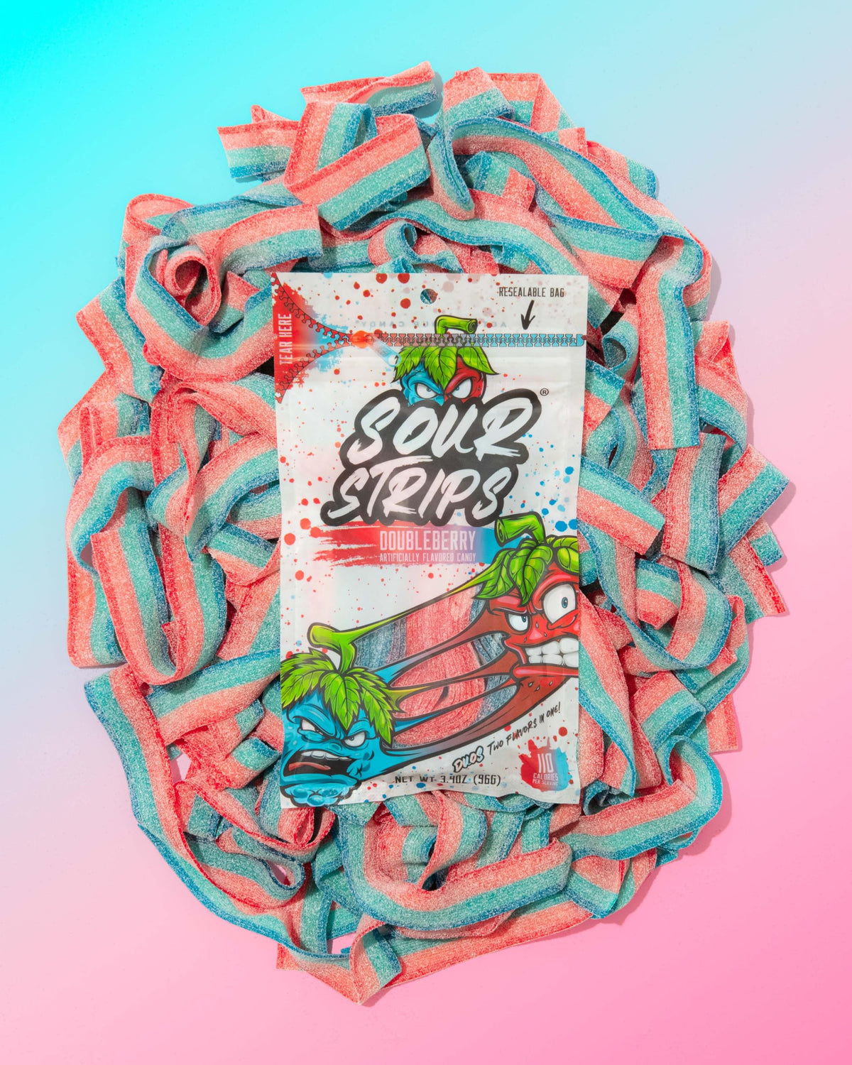 Sour Strips Doubleberry flavor splash image suggests intense sourness.