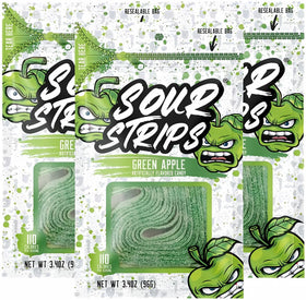 Sour Strips Green Apple candy belt in resealable bag for on-the-go tangy bite