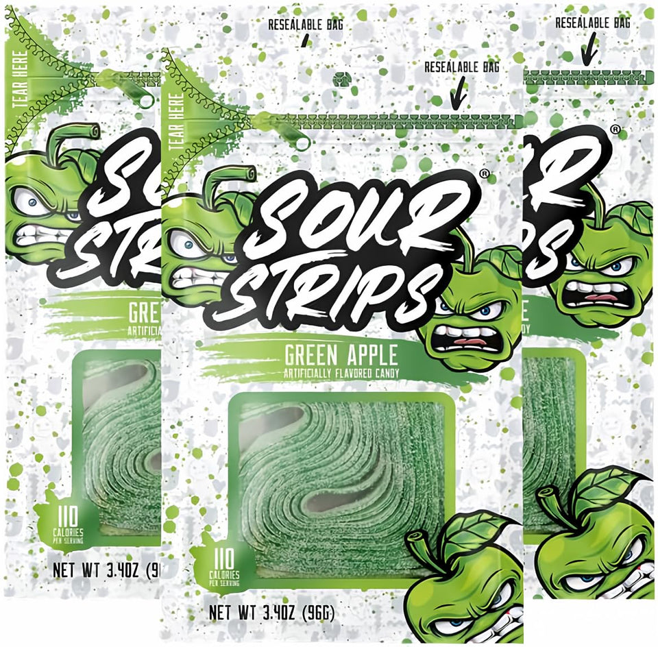 Sour Strips Green Apple candy belt in resealable bag for on-the-go tangy bite