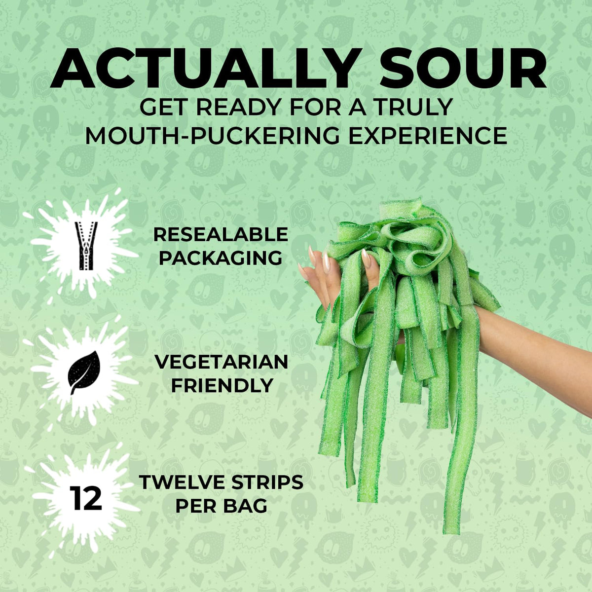 Sour Strips Green Apple belts in three resealable bags for shareable snacking