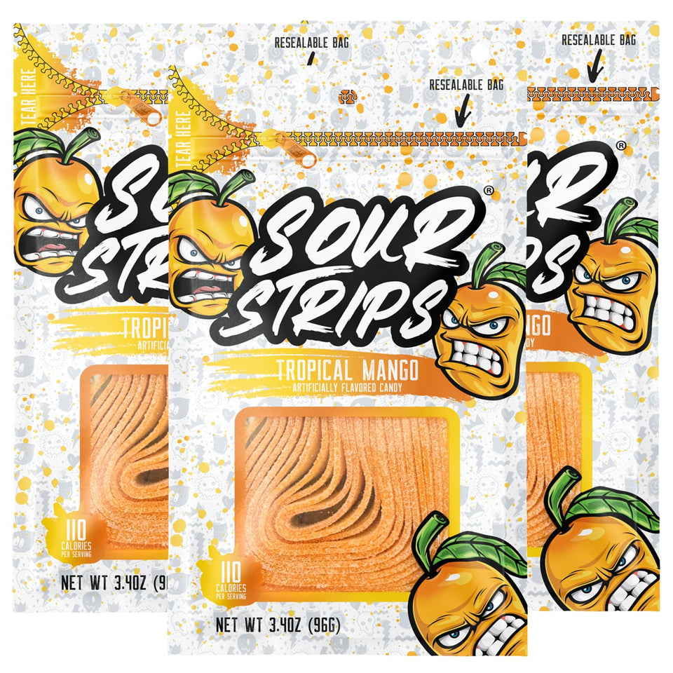 Sour Strips Mango Belts pack shot with three resealable bags for on-the-go snacking.