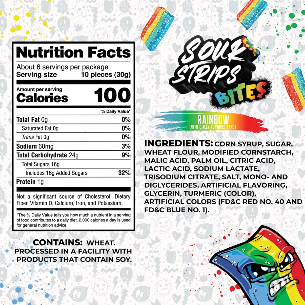 Close-up of Sour Strips Rainbow Bites reveals vibrant colors and sour candy texture