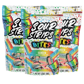 Sour Strips Rainbow Bites pack shows three resealable bags for convenient snacking