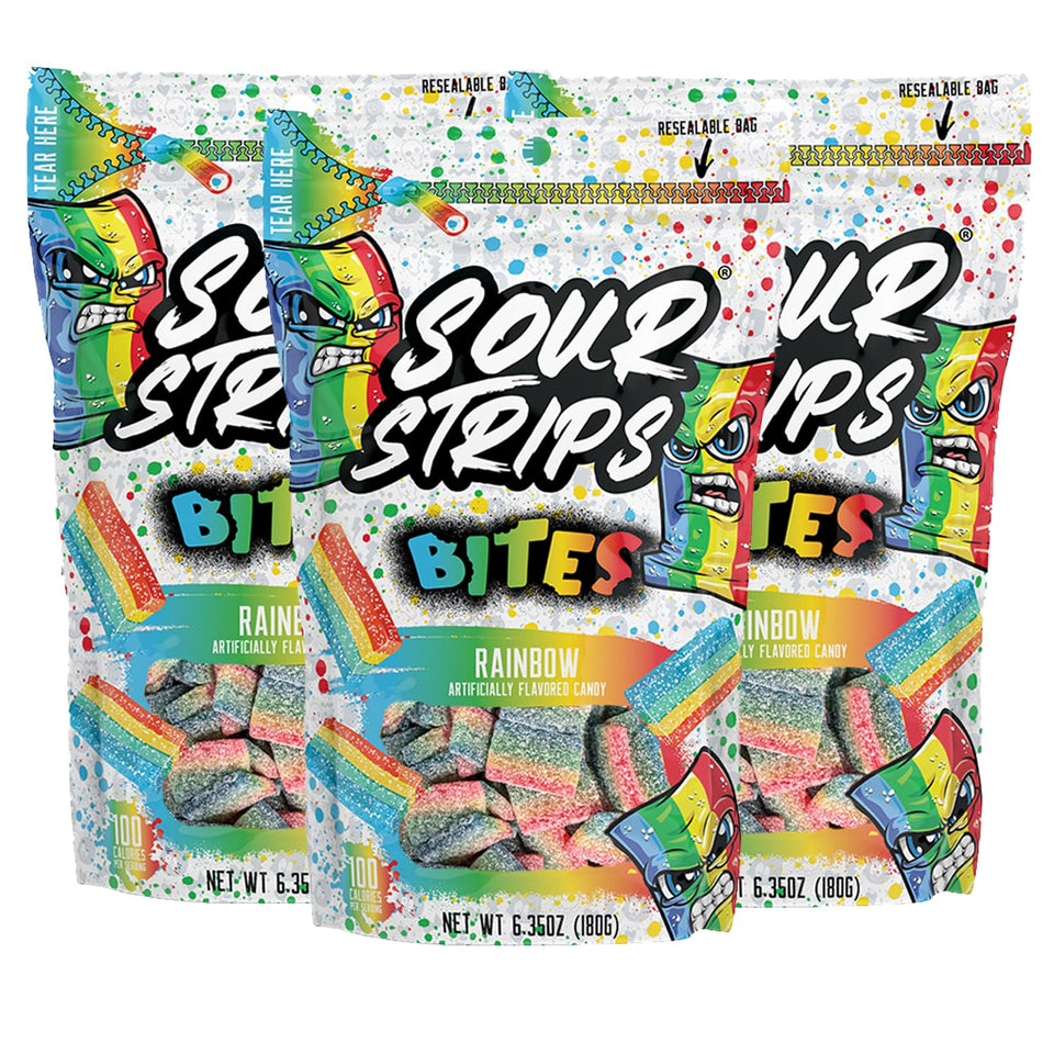 Sour Strips Rainbow Bites pack shows three resealable bags for convenient snacking
