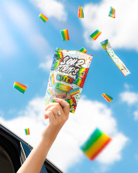 Rainbow flavor variety of Sour Strips Rainbow Bites highlights colorful profiles