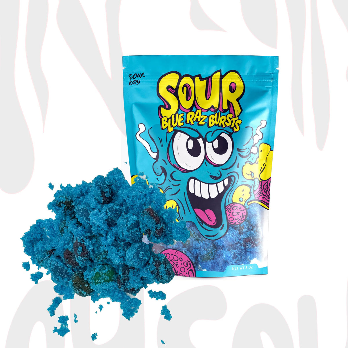 Sourboy Blue Raspberry Gushers back-of-pack shows resealable pouch for freshness.