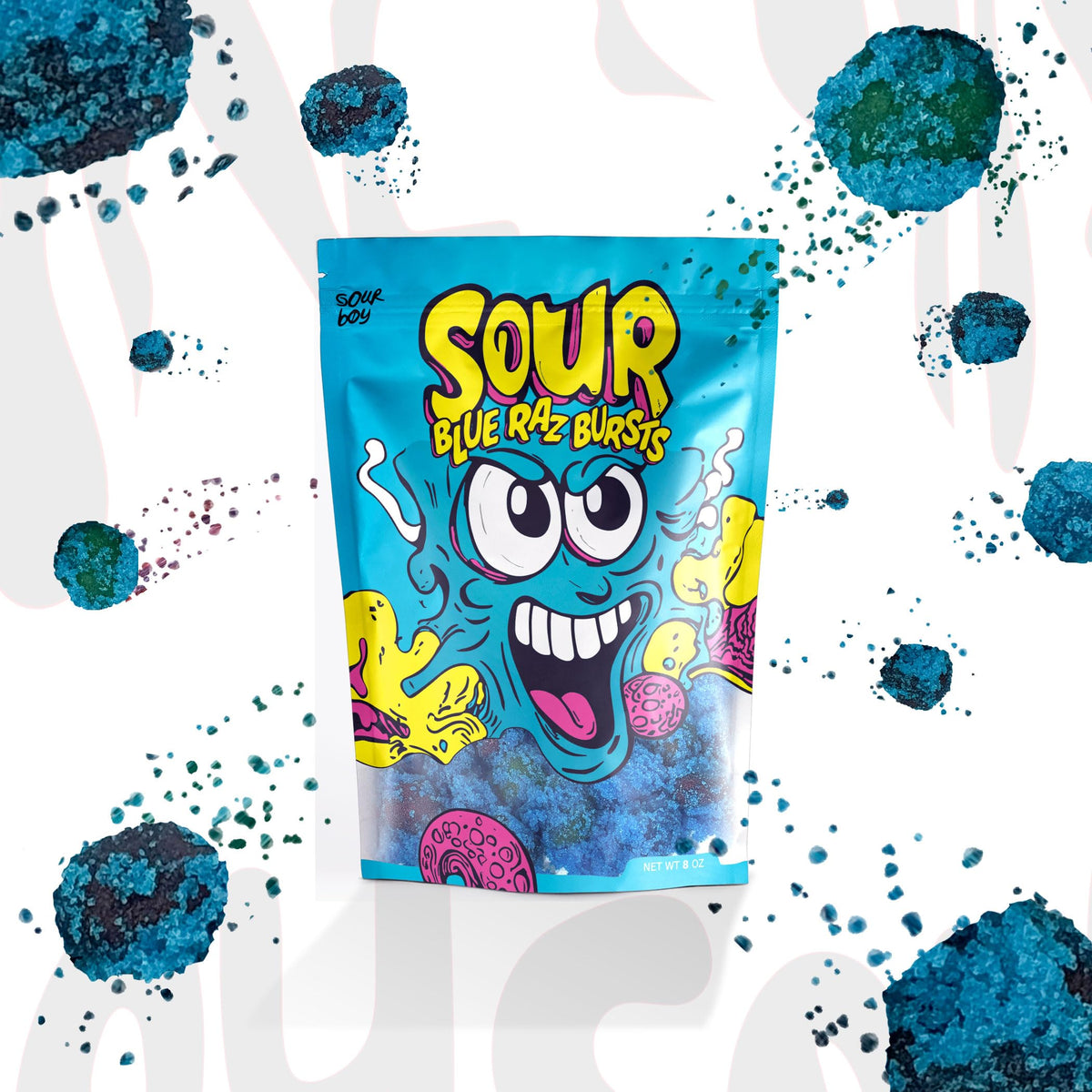 Sourboy Blue Raspberry Gushers sour coating image emphasizes extreme tang and candy bite.