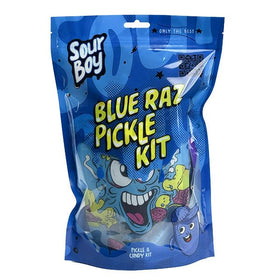 Sourboy Blue Raspberry Pickle Kit with blue pickle and snack assortment for parties