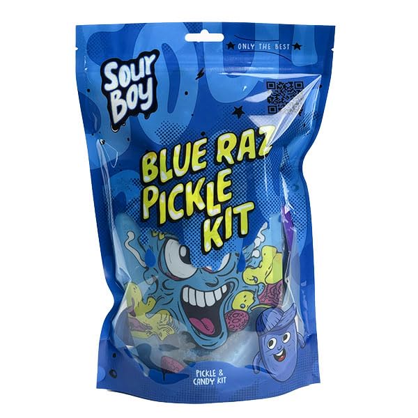Sourboy Blue Raspberry Pickle Kit with blue pickle and snack assortment for parties