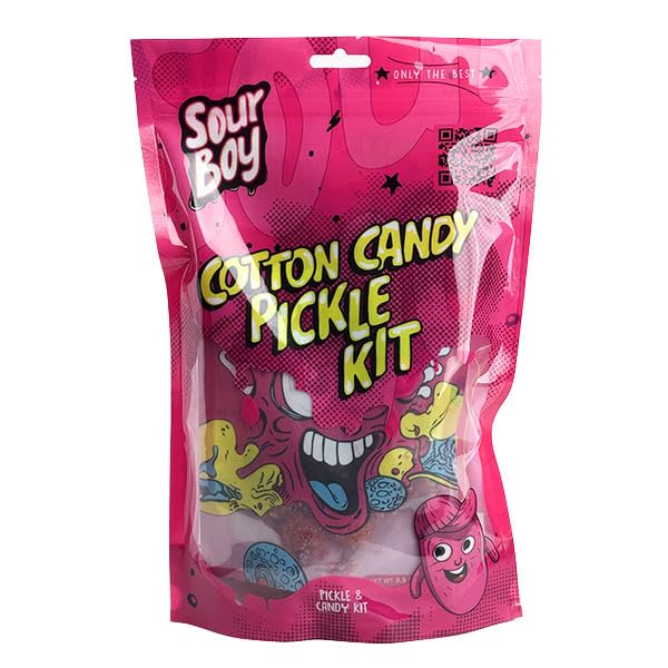Sourboy Cotton Candy Pickle Kit hero image shows bold pickle with cotton candy infusion for a playful snack.