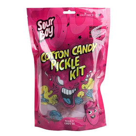 Sourboy Cotton Candy Pickle Kit hero image shows bold pickle with cotton candy infusion for a playful snack.