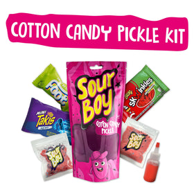 Sourboy Cotton Candy Pickle Kit slice closeup highlights briny core with sweet coating, ideal for reaction videos.