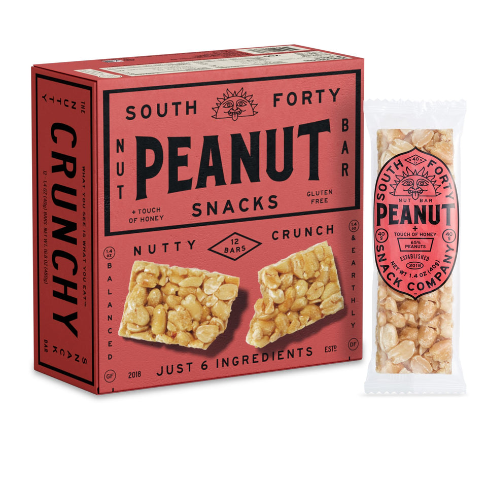 South 40 Crunchy Peanut Bar in 40g package shows real ingredients and texture.