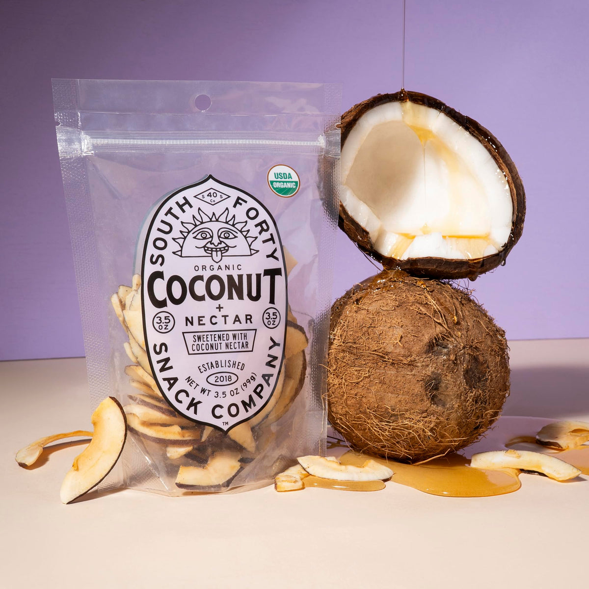 South 40 Snacks coconut chips with nectar pairing with yogurt or trail mix.