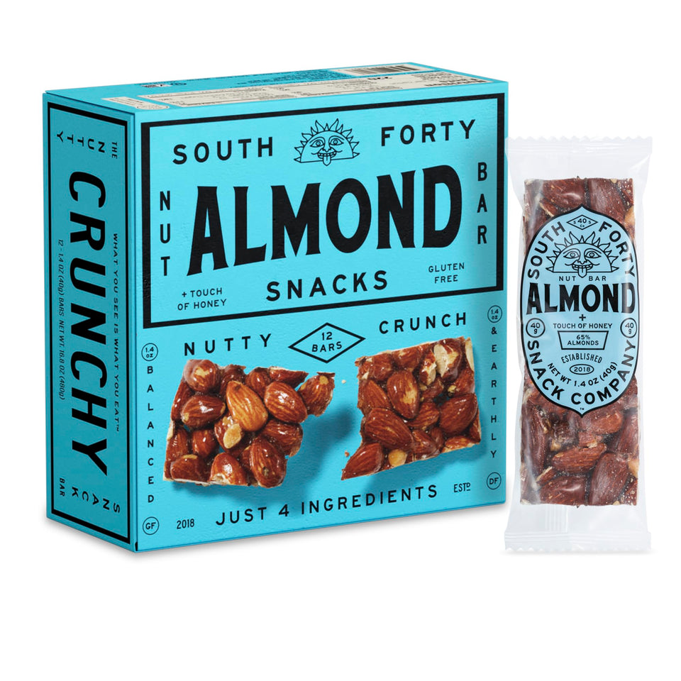 South Forty Snacks crunchy almond bar package with 12 servings for on-the-go nutrition