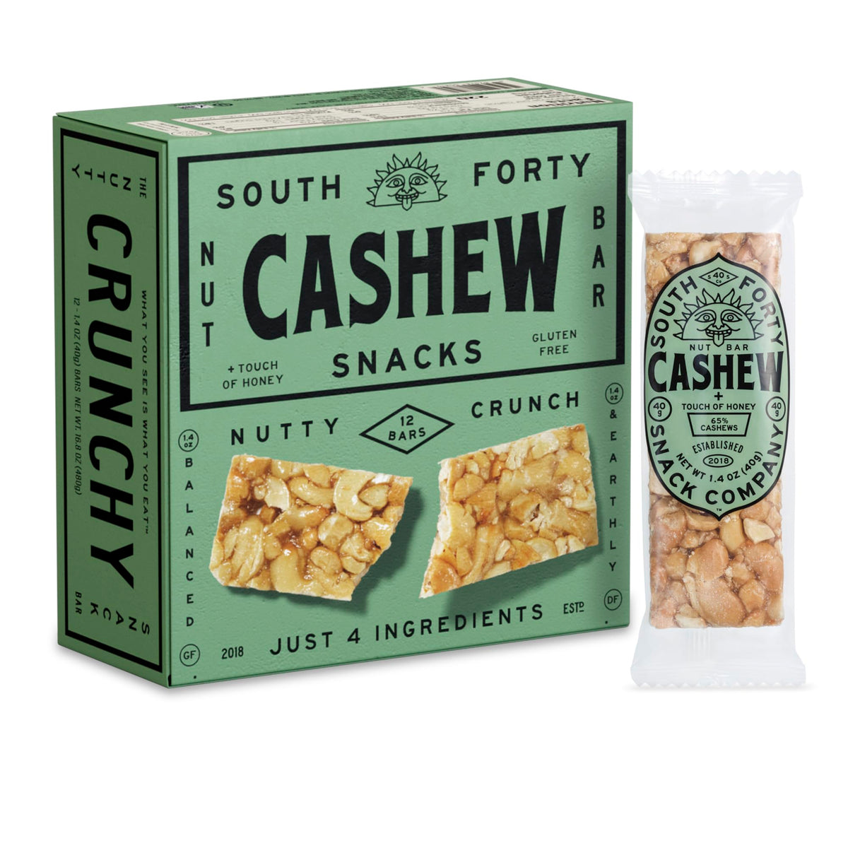 South Forty Snacks crunchy cashew bar ingredients show wholesome, on-the-go snacking.