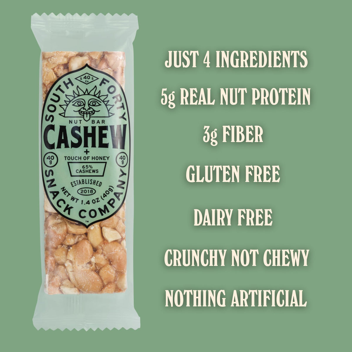 South Forty Snacks crunchy cashew bar texture close-up showcases a nut-forward bite.