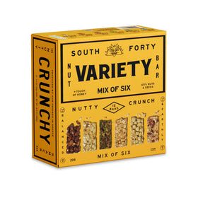 SOUTH FORTY SNACKS crunchy nut bars variety pack, ready-to-eat grab-and-go.