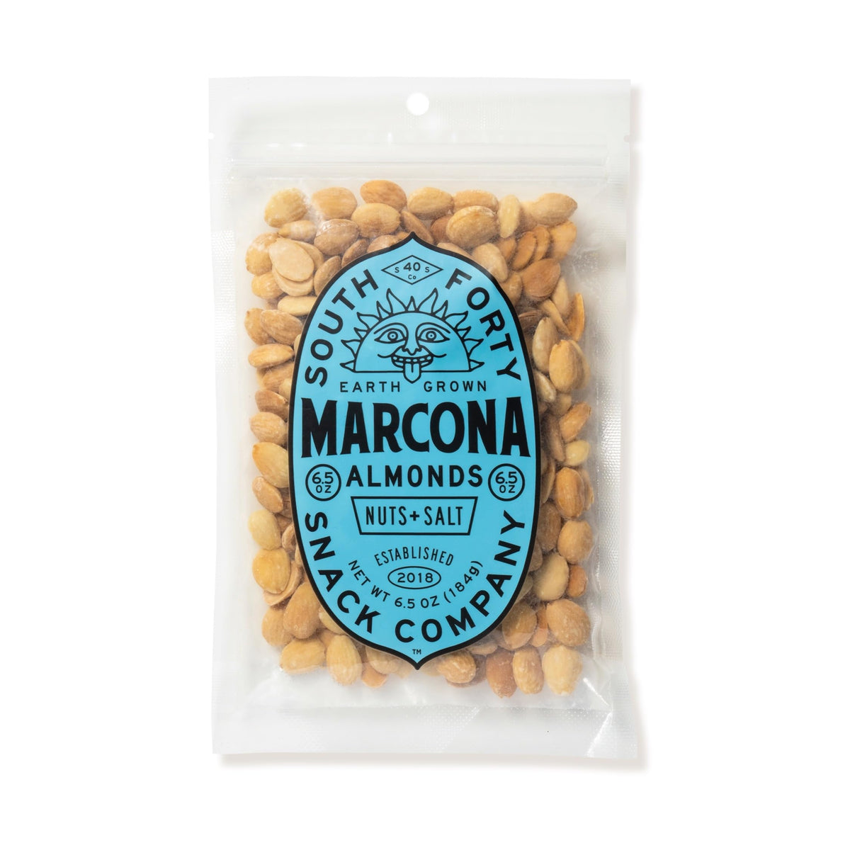 South Forty Snacks dry roasted Marcona almonds bag showing oil-free crunch for a quick snack.