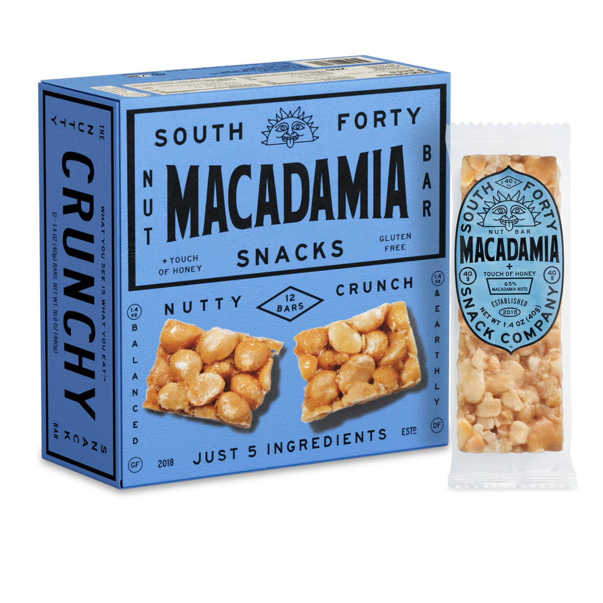 South Forty Snacks macadamia nut bar 12-count pack showcases premium nuts for a satisfying on-the-go snack.