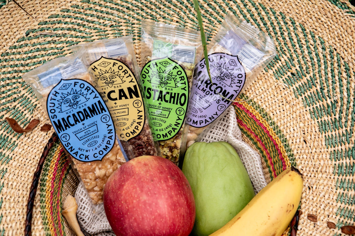 South Forty Snacks marcona almond crunch bar macro shot highlights premium ingredients.