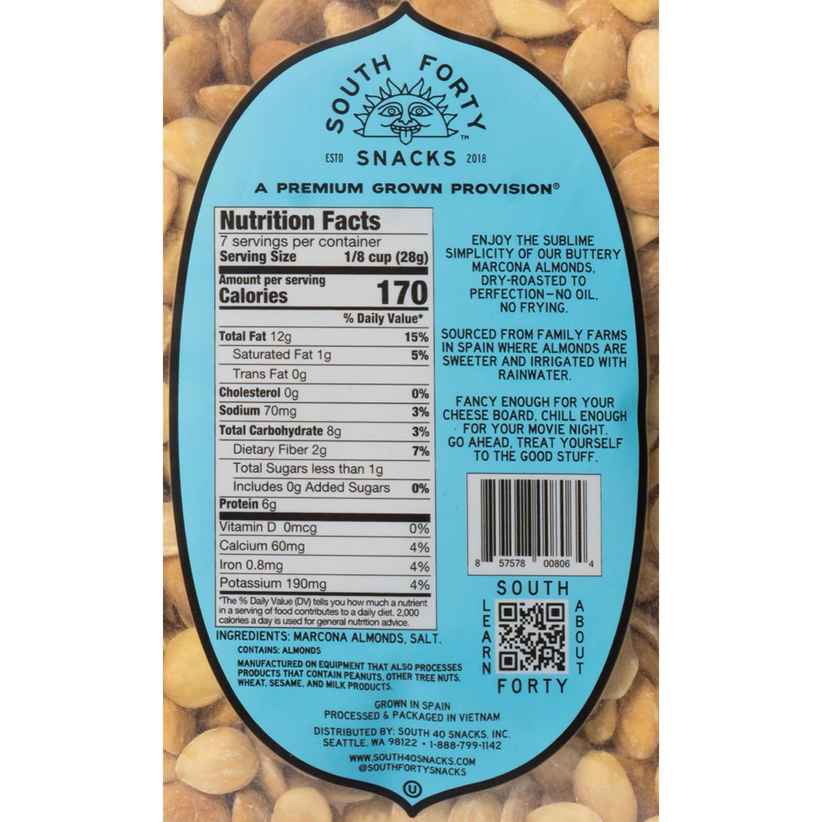 South Forty Snacks Marcona almonds closeup crunch emphasizing natural flavor and protein boost.