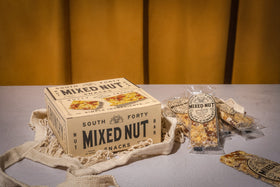 South Forty Snacks ingredients close-up showcases real nuts and honey for natural flavor.