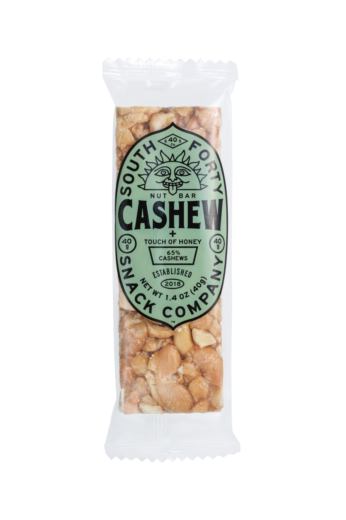 South Forty Snacks nut-forward close-up emphasizes protein from real cashews.