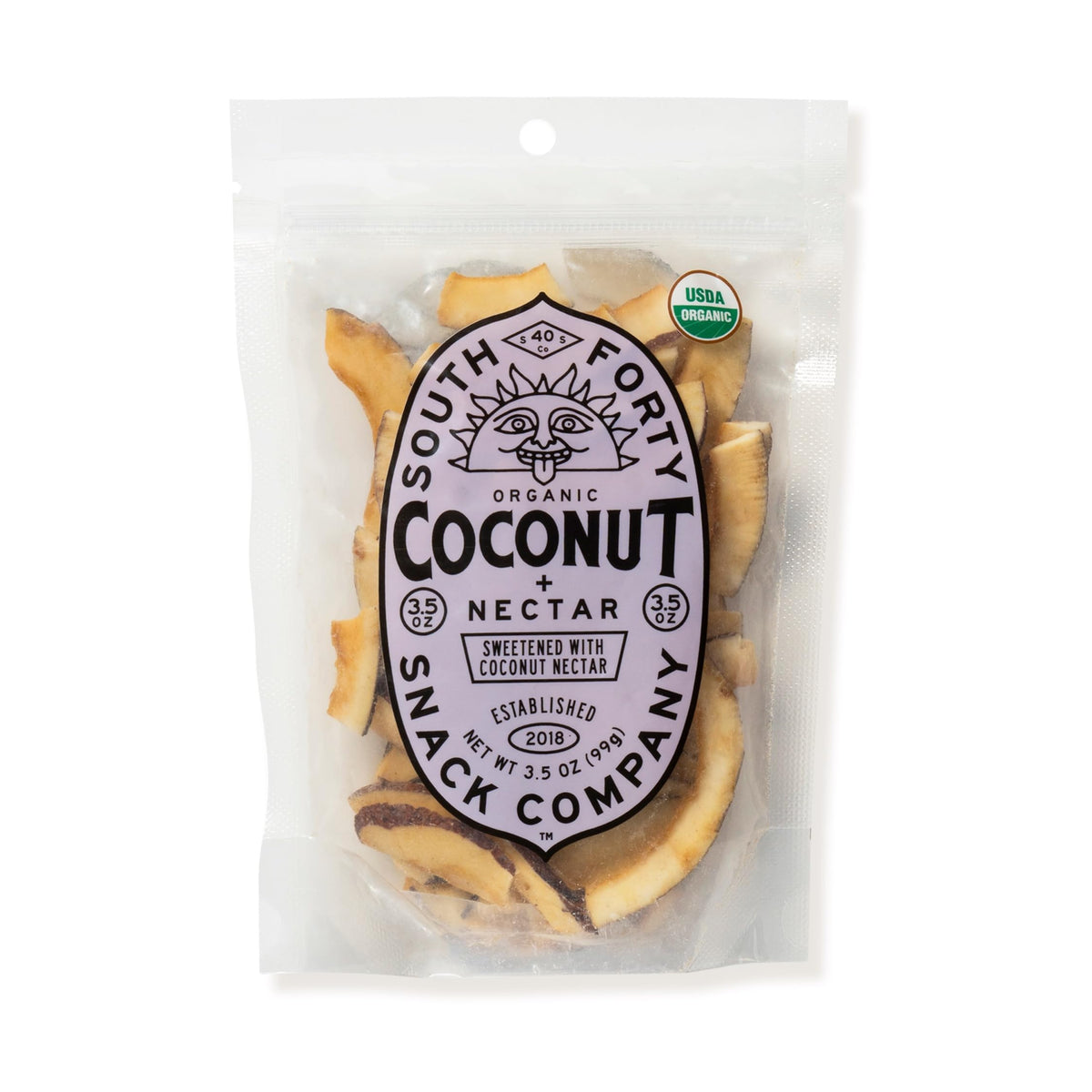 South 40 Snacks Organic Coconut Chips with Nectar bag front, simple two-ingredient snack.