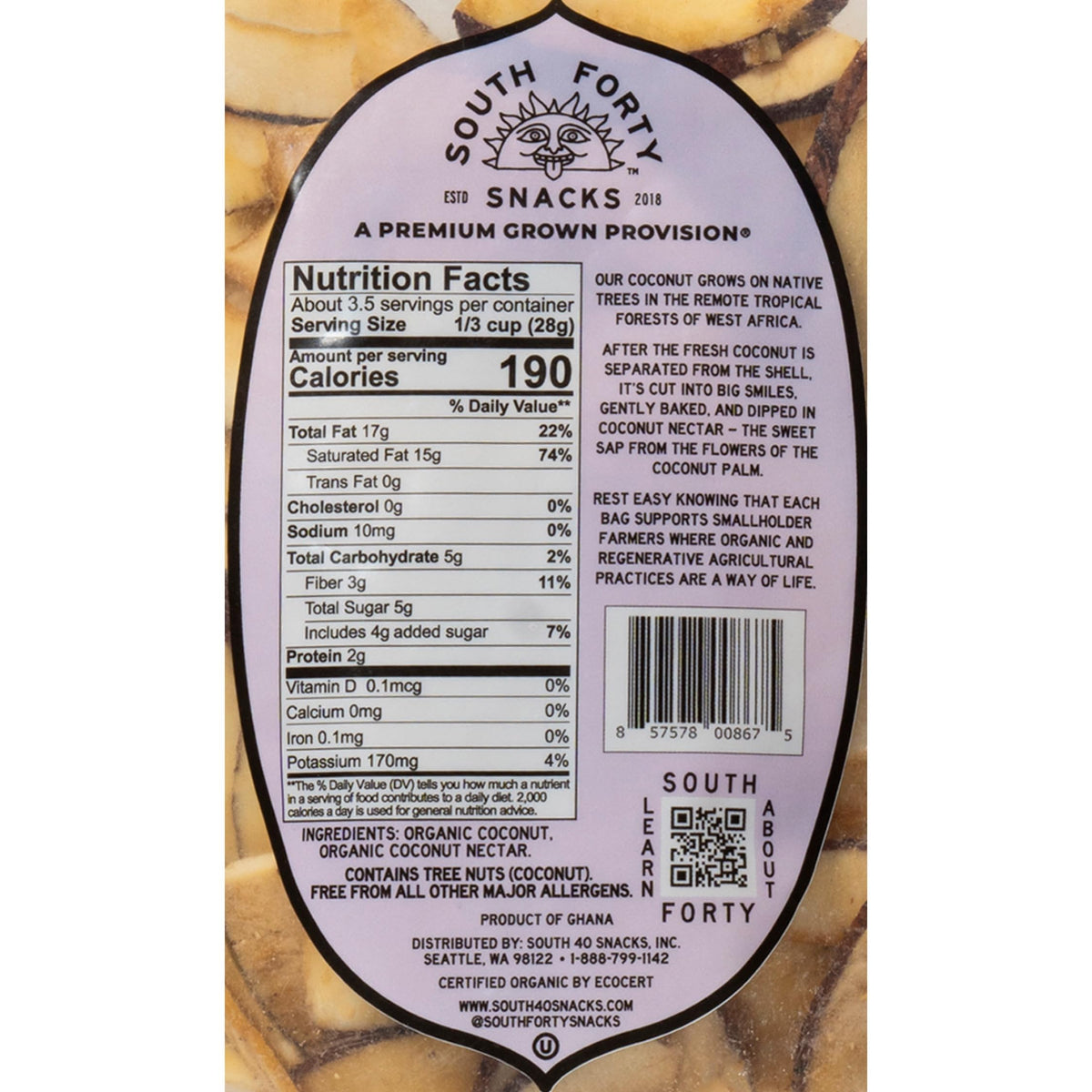 South 40 Snacks Organic Coconut Chips with Nectar texture close-up, crisp and natural.
