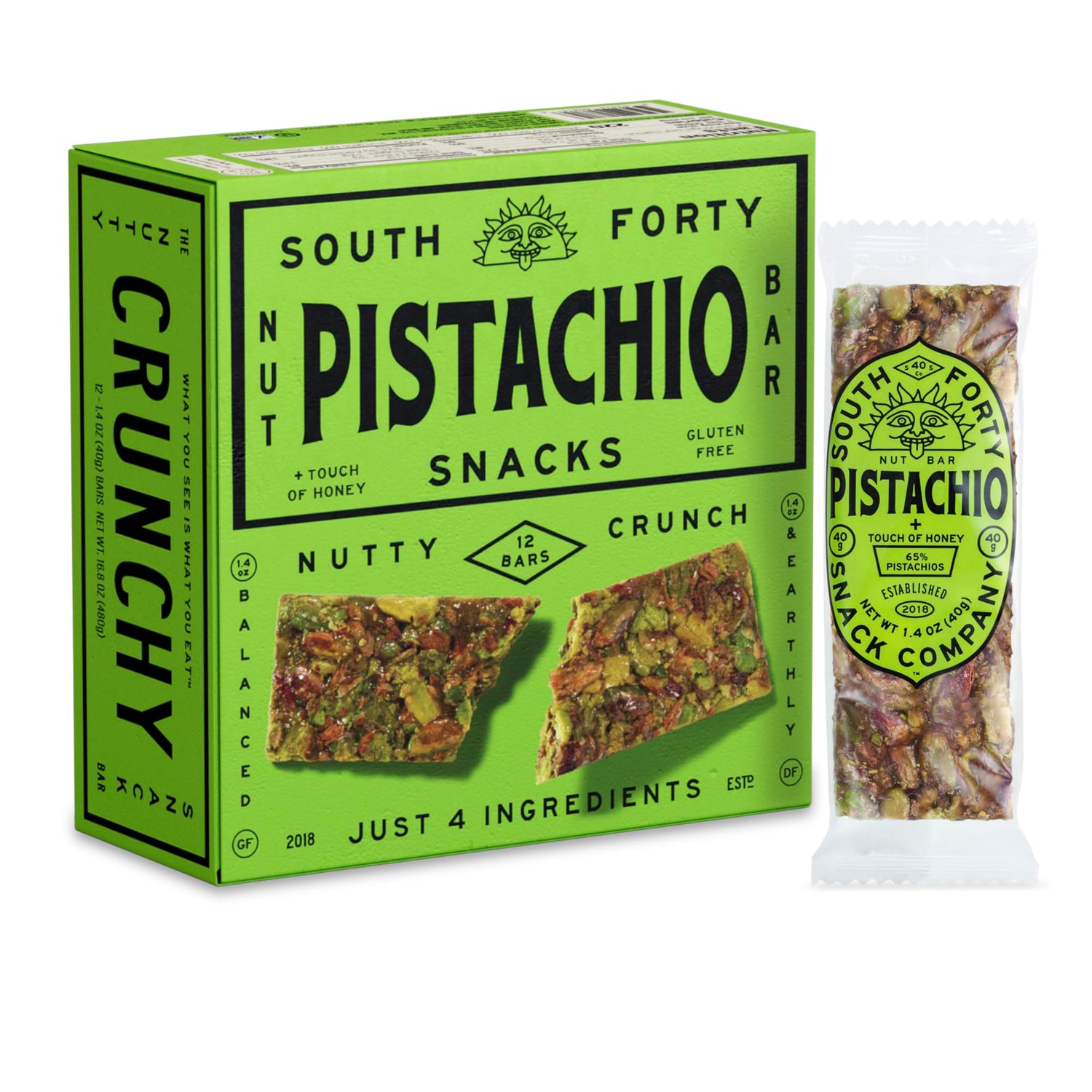 South Forty Snacks Crunchy Pistachio Bar packaging highlights simple ingredients and real nut flavor.