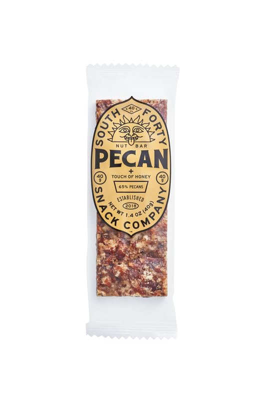 SOUTH FORTY SNACKS pecan bar bite-shot highlighting crunchy texture and real ingredients.