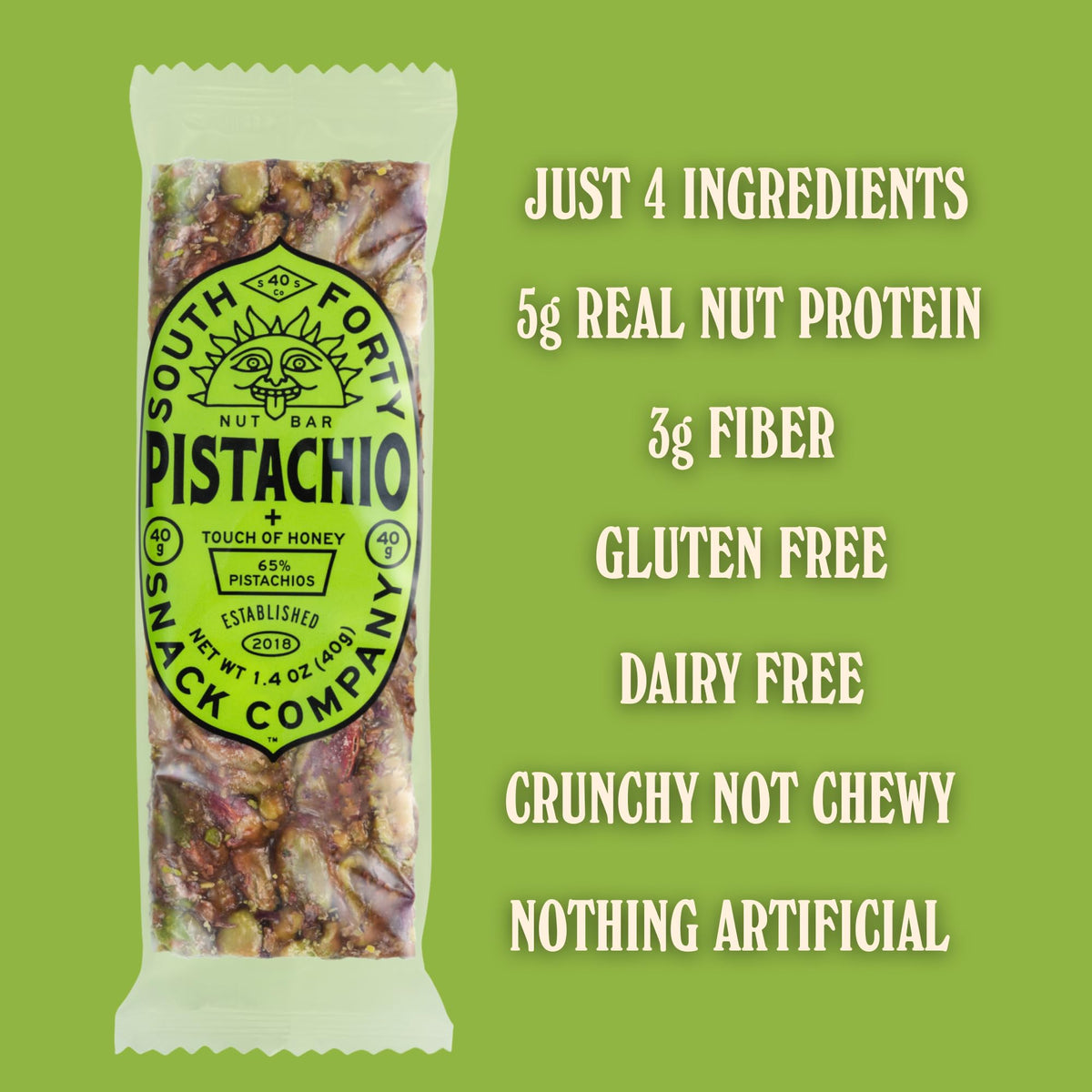 South Forty Snacks pistachio bar close-up shows whole pistachios for a crunchy bite.