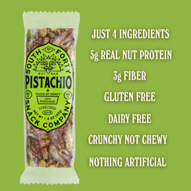 South Forty Snacks pistachio bar close-up shows whole pistachios for a crunchy bite.