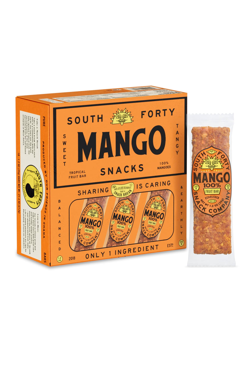 South Forty Snacks tropical mango bar close-up showing 100% mango ingredients.