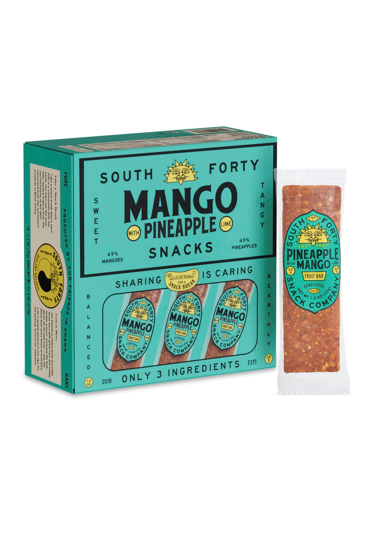 South Forty Snacks tropical pineapple mango lime bar packaging front, pack of 18 for on-the-go snacking